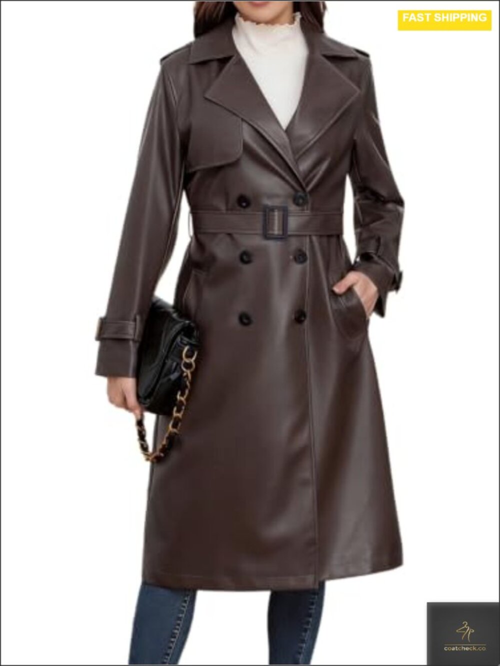 Women's Long Faux Leather Trench Coat Double Breasted Belted Jacket